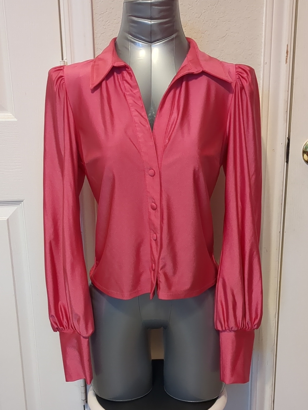 TINDEL Women's Pink Satin Button-Front Long Puff Sleeces Blouse Size S